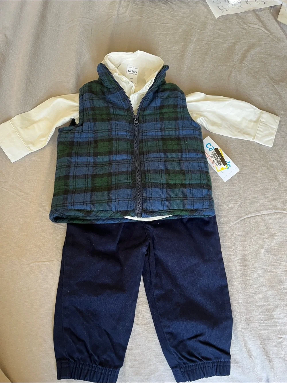 Carter's Navy & Green Plaid Zip Vest Set